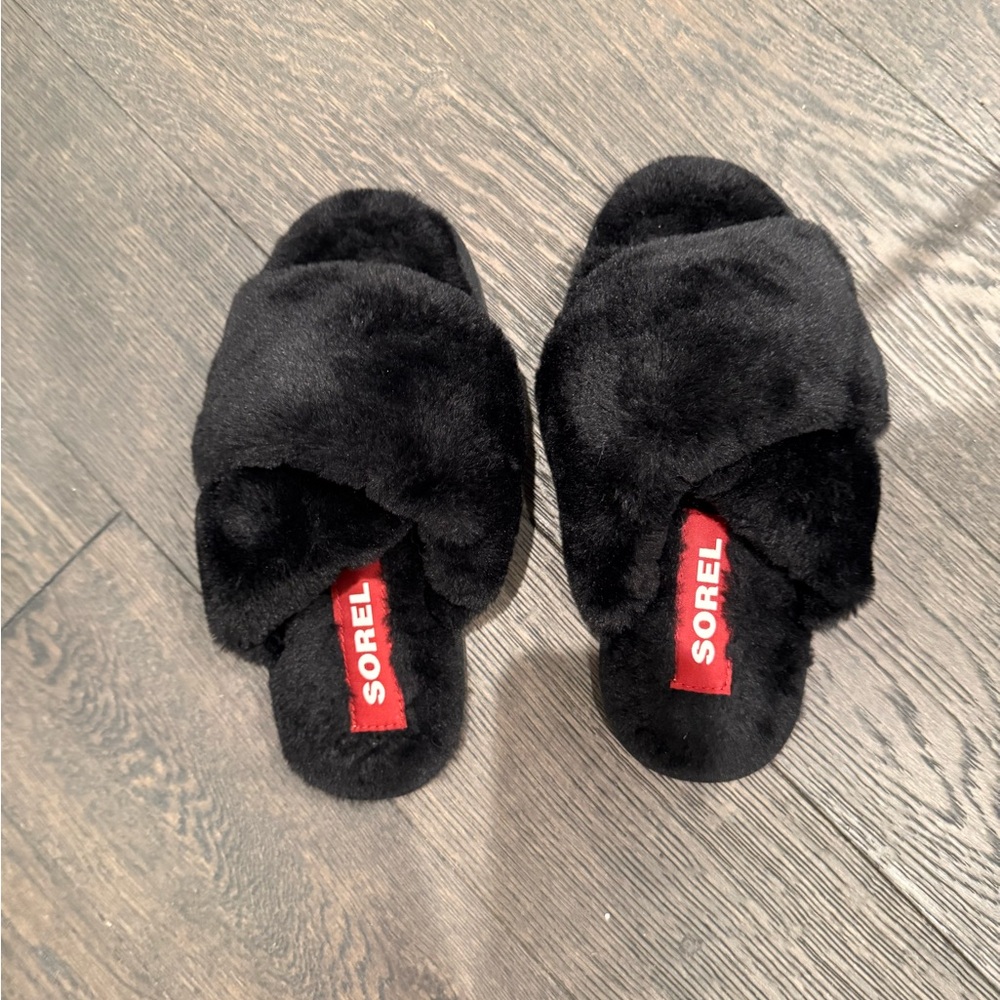 Sorel Black Plush Slide Slippers